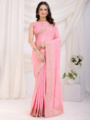 Precious Baby Pink Heavy Border Work Chinon Engagement Wear Saree