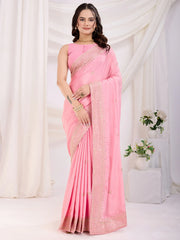 Precious Baby Pink Heavy Border Work Chinon Engagement Wear Saree