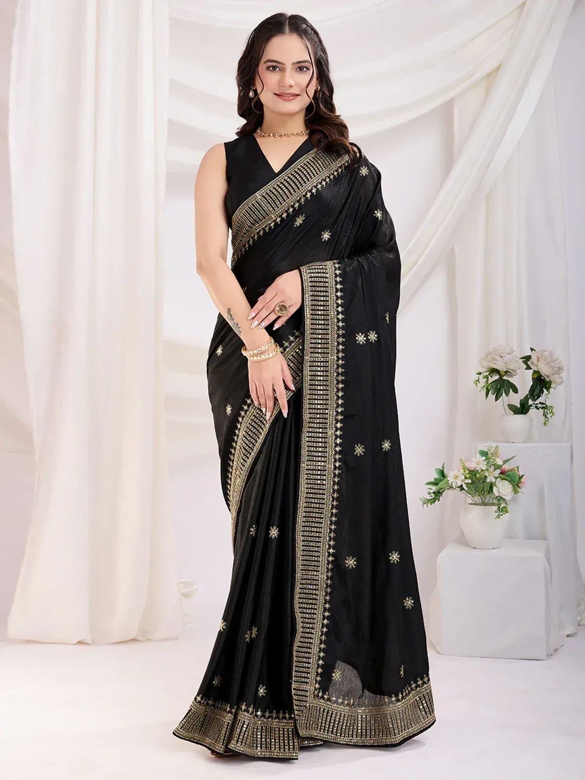 Black saree with gold embroidery, designer ethnic wear for women