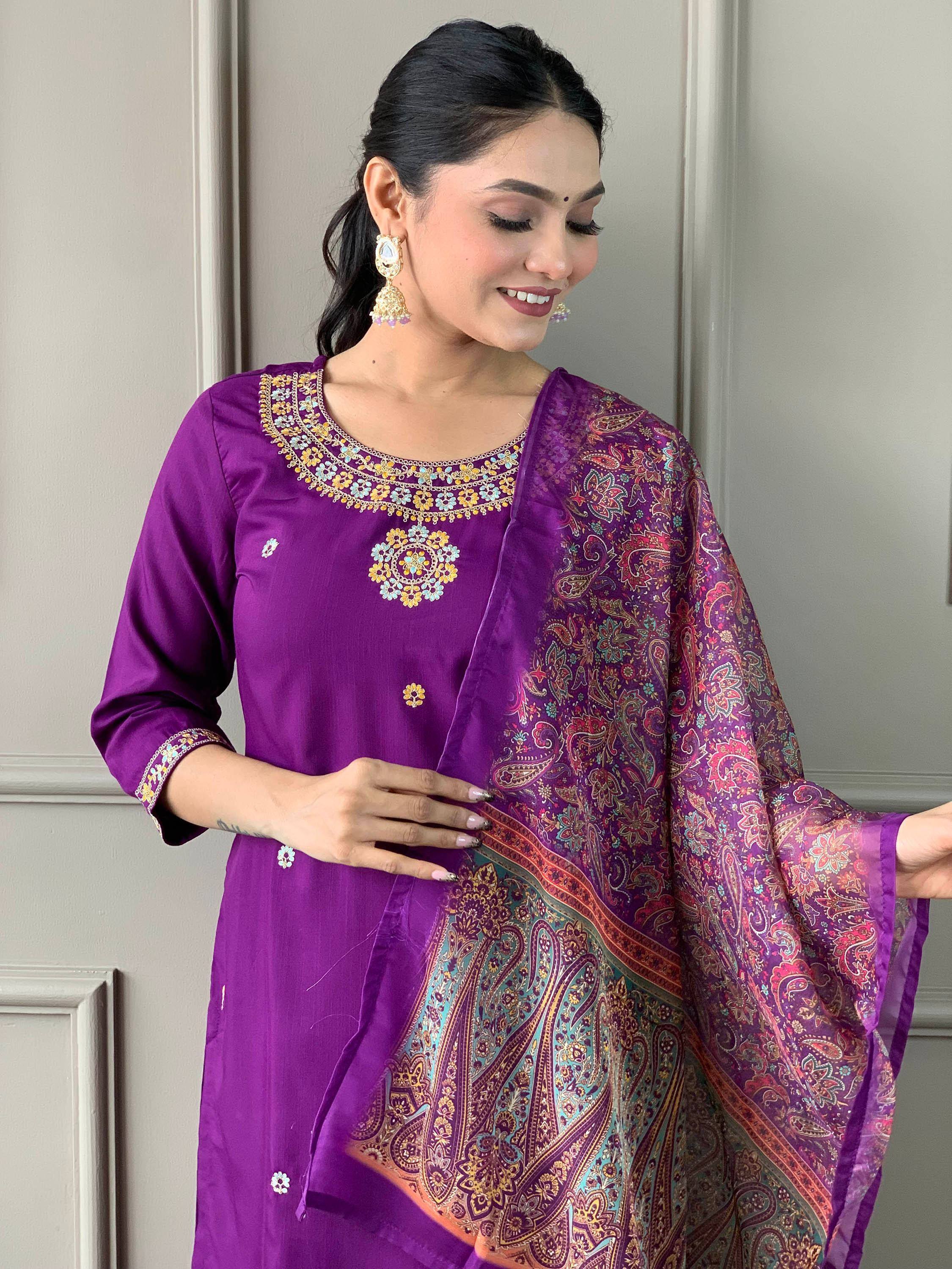 Purple embroidered kurta with paisley dupatta, Indian ethnic wear for women