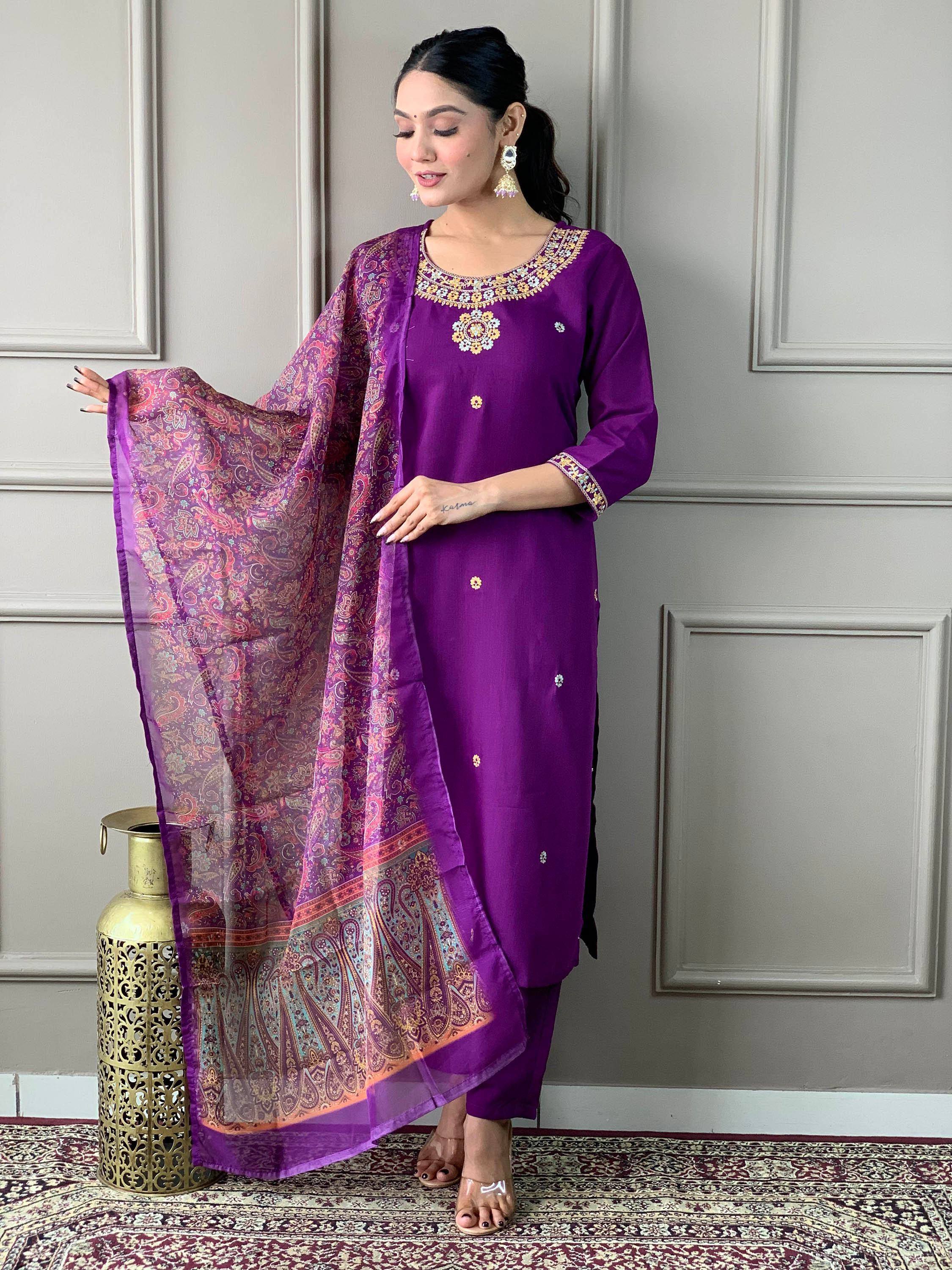 Purple embroidered salwar kameez with paisley dupatta, Indian ethnic wear for women