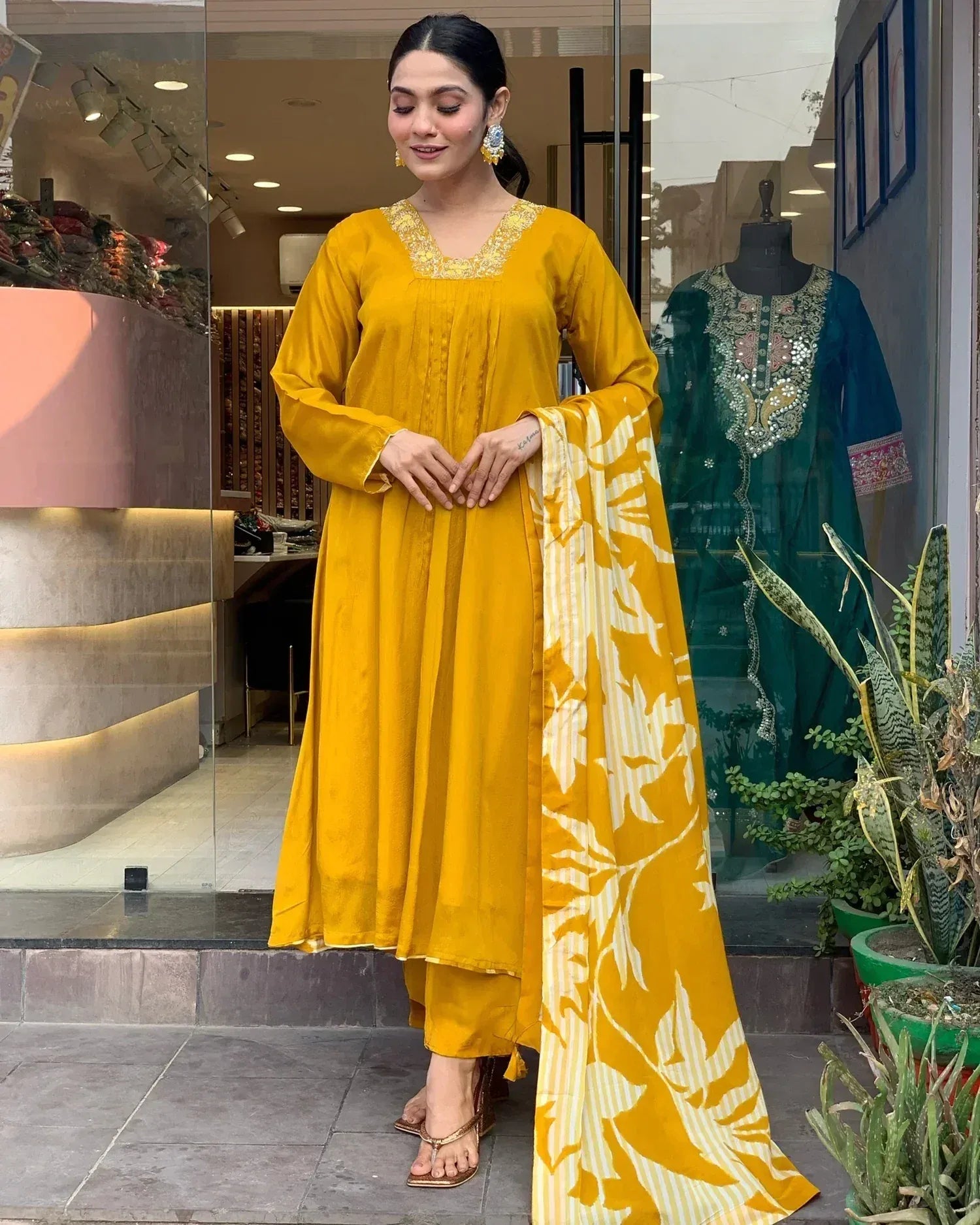 Yellow embroidered kurta with printed dupatta, ethnic wear for women