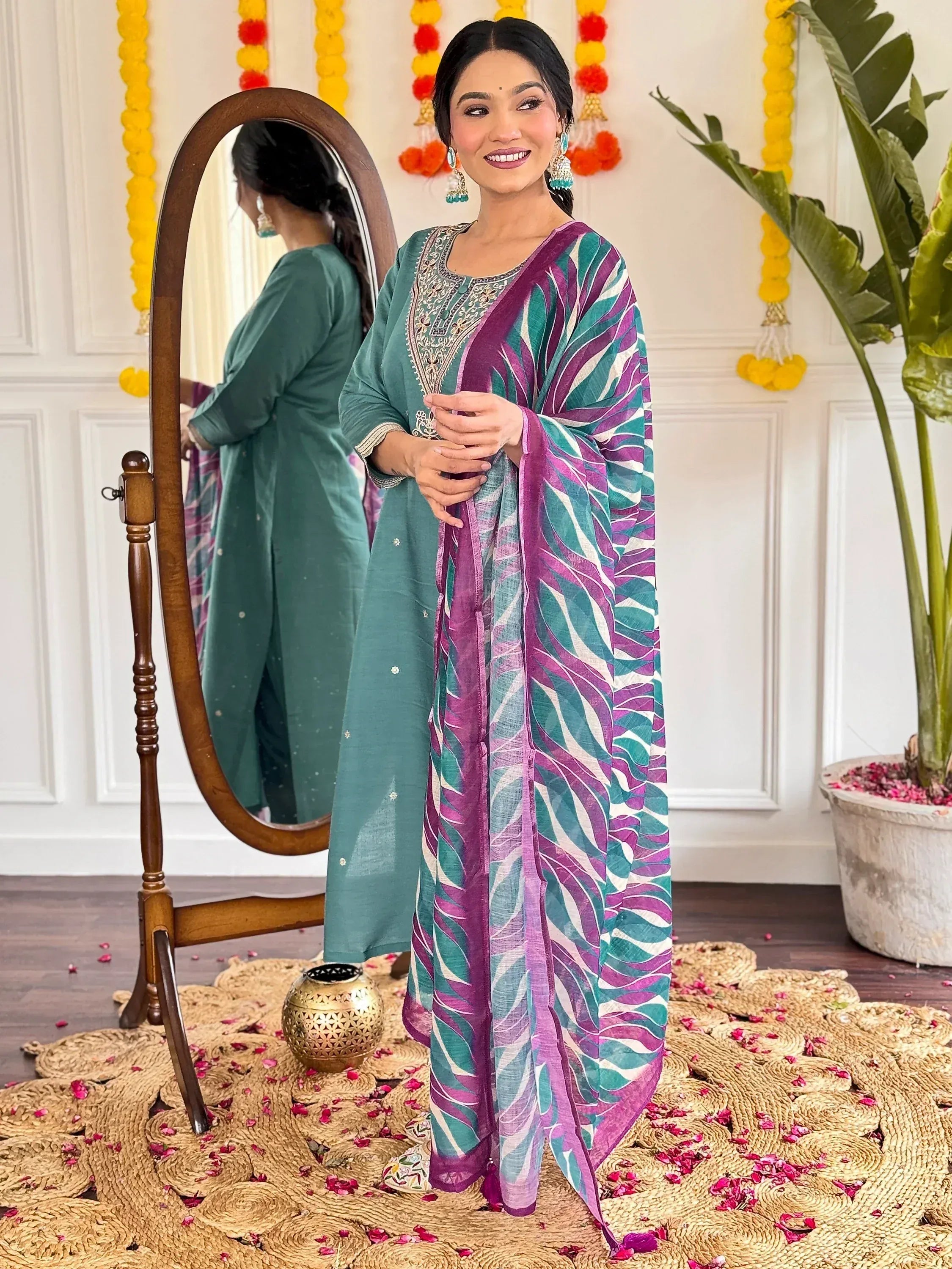 Teal embroidered kurta with purple and teal patterned dupatta, festive Indian ethnic wear