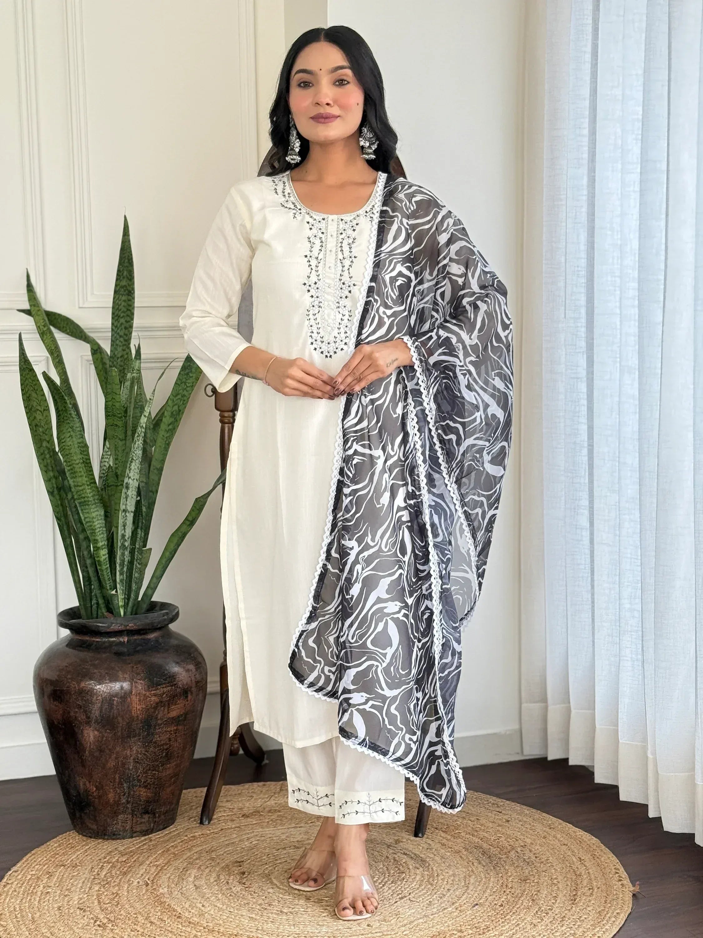 White embroidered kurta with printed dupatta, ethnic wear for women