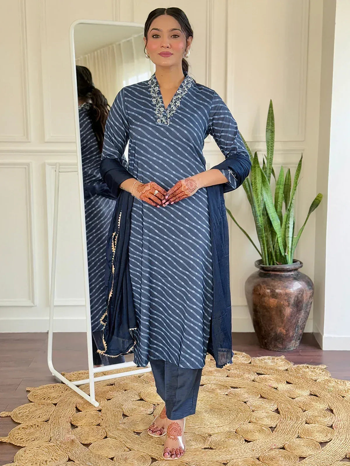 Blue striped ethnic kurta with embroidery, paired with matching pants and dupatta, ideal for Indian wear.