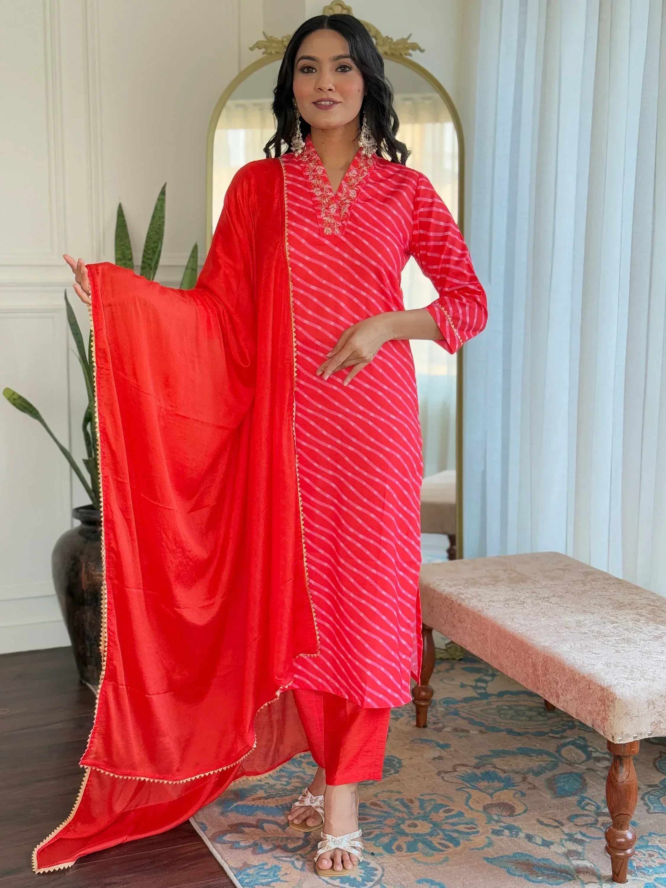 Red striped ethnic kurta with matching dupatta, perfect for Indian wear occasions