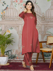 Majestic Dusty Red Printed Gajji Silk Casual Wear Kurti With Pant