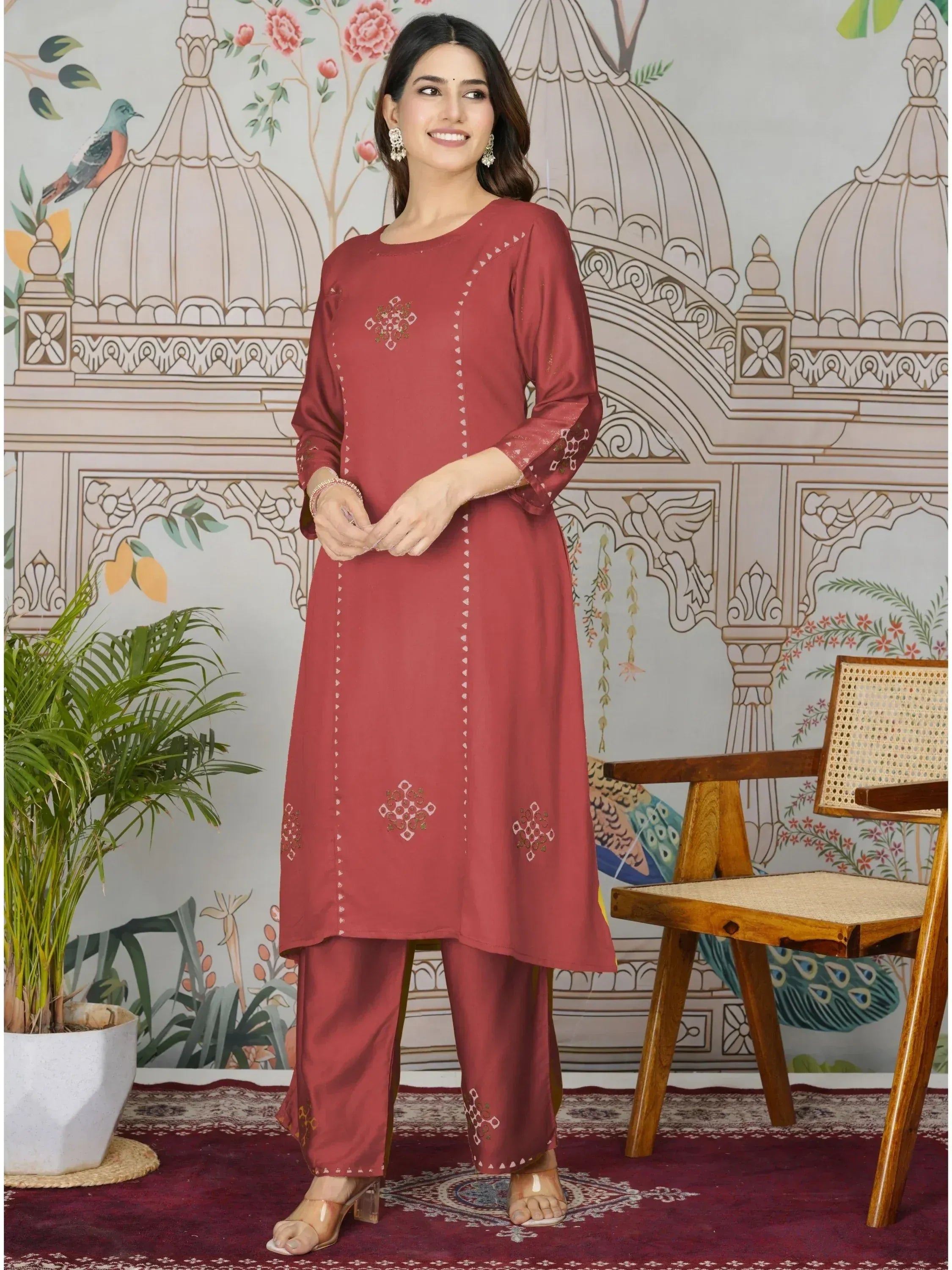 Maroon embroidered kurta with palazzo pants, Indian ethnic wear for women