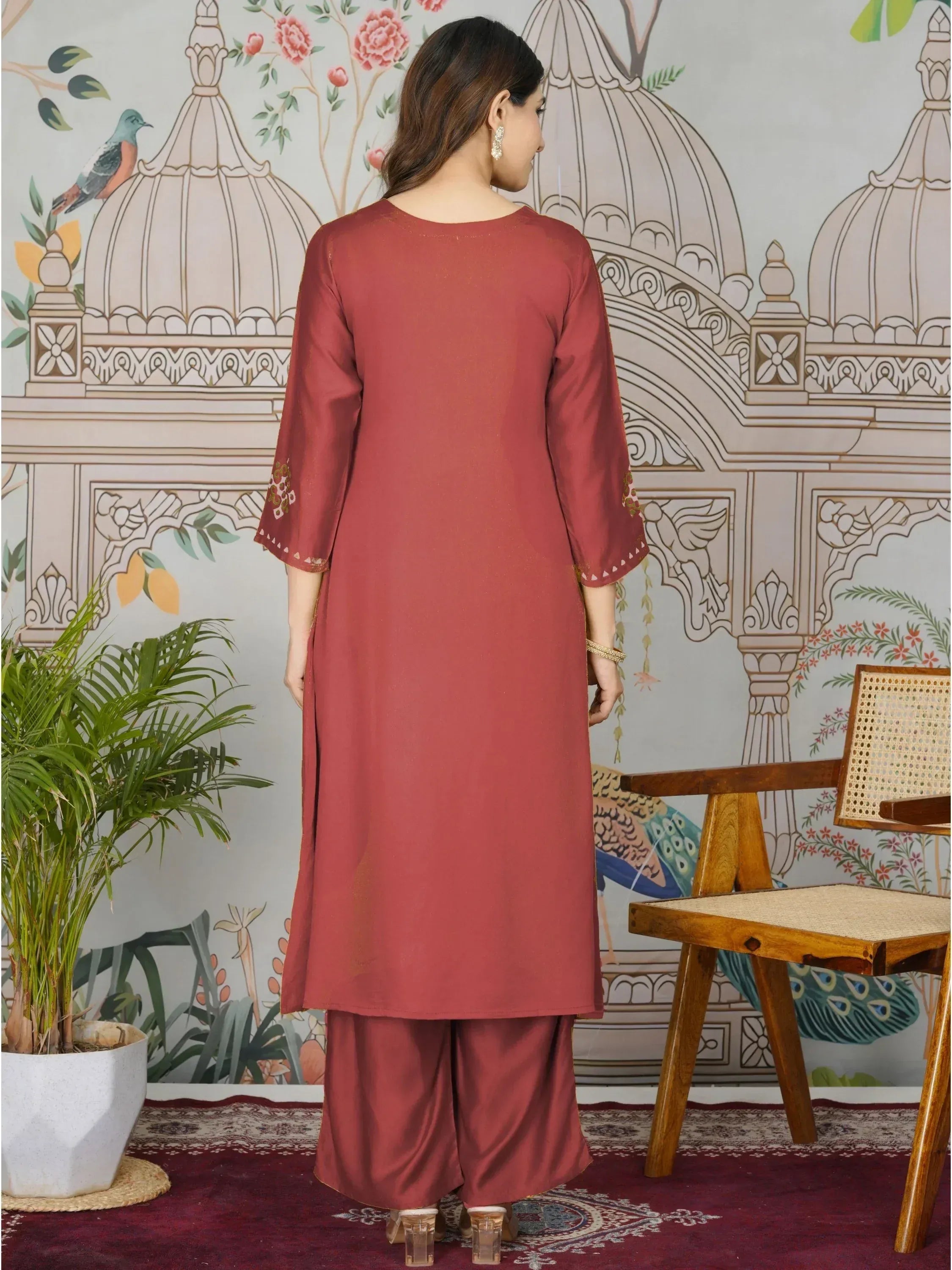 Rust ethnic kurta with embroidered sleeves and matching palazzo pants, Indian designer wear