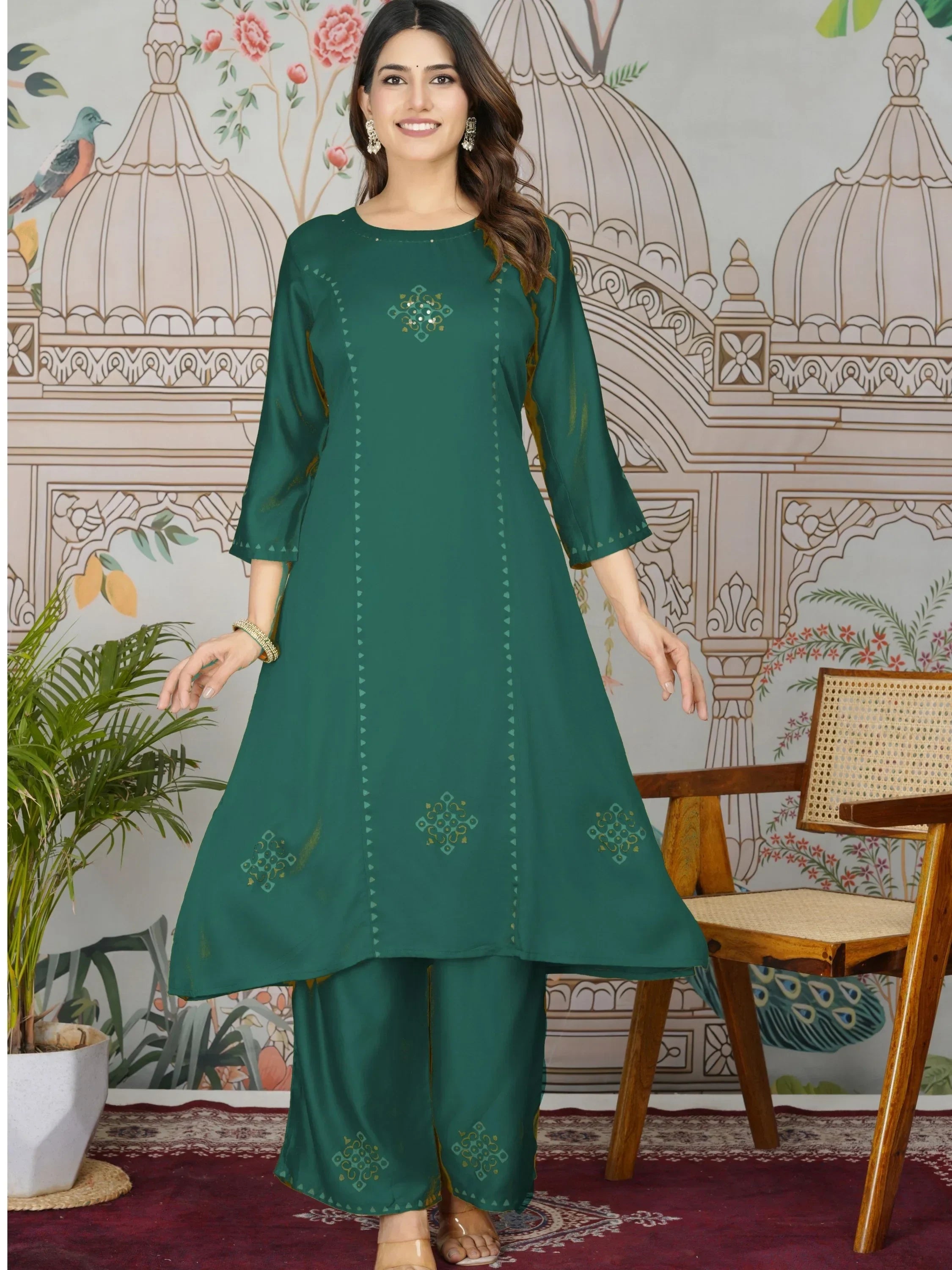 Aesthetic Teal Green Printed Gajji Silk Mehendi Wear Kurti With Pant