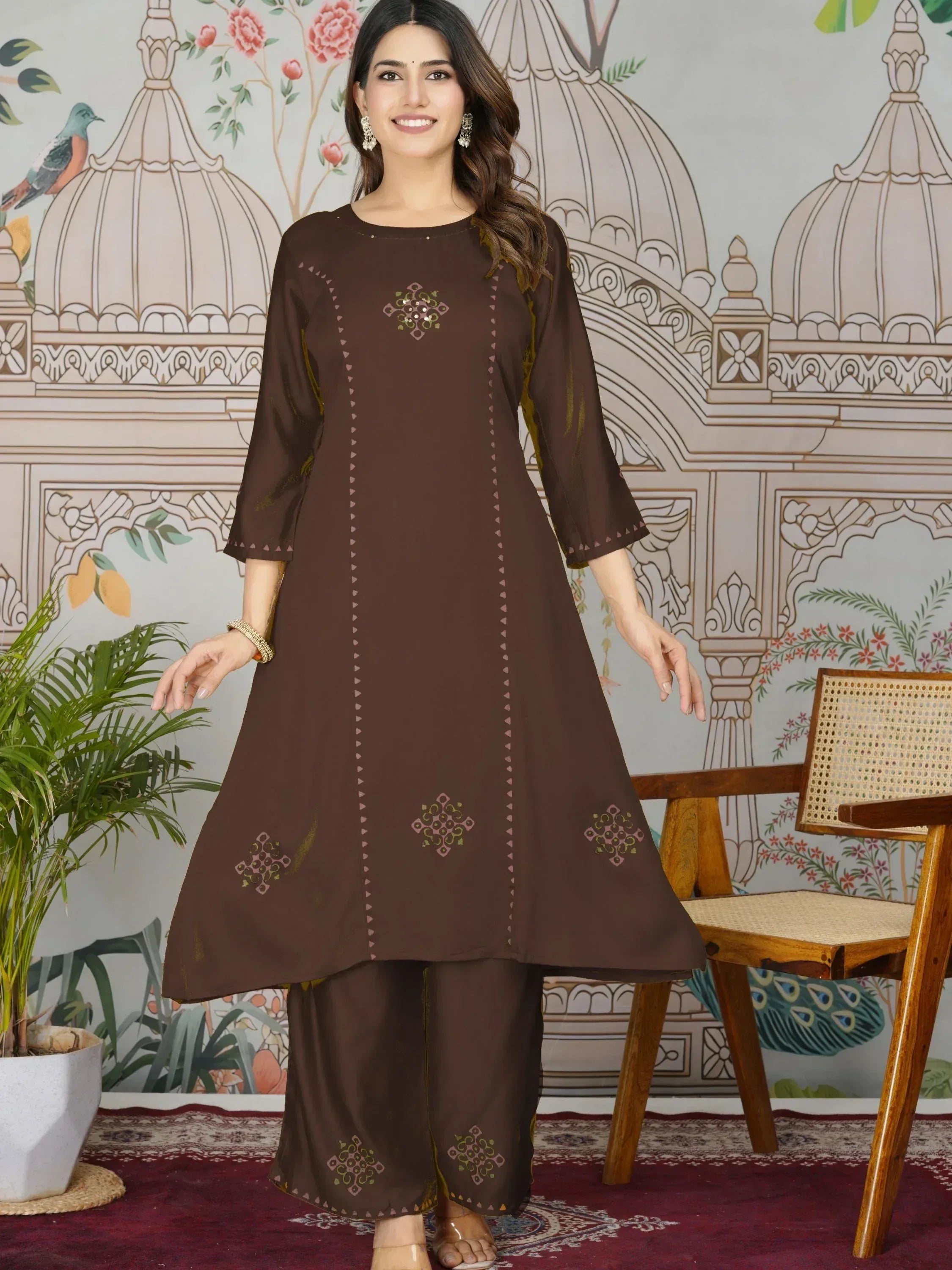 Brown embroidered kurta with palazzo pants, Indian ethnic wear for women