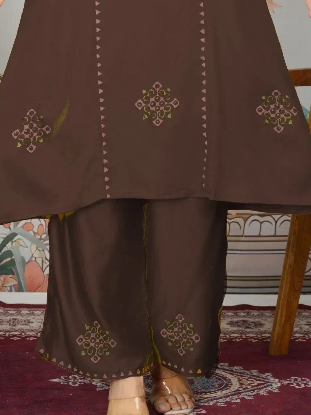 Brown embroidered kurta with matching palazzo pants, ethnic Indian wear