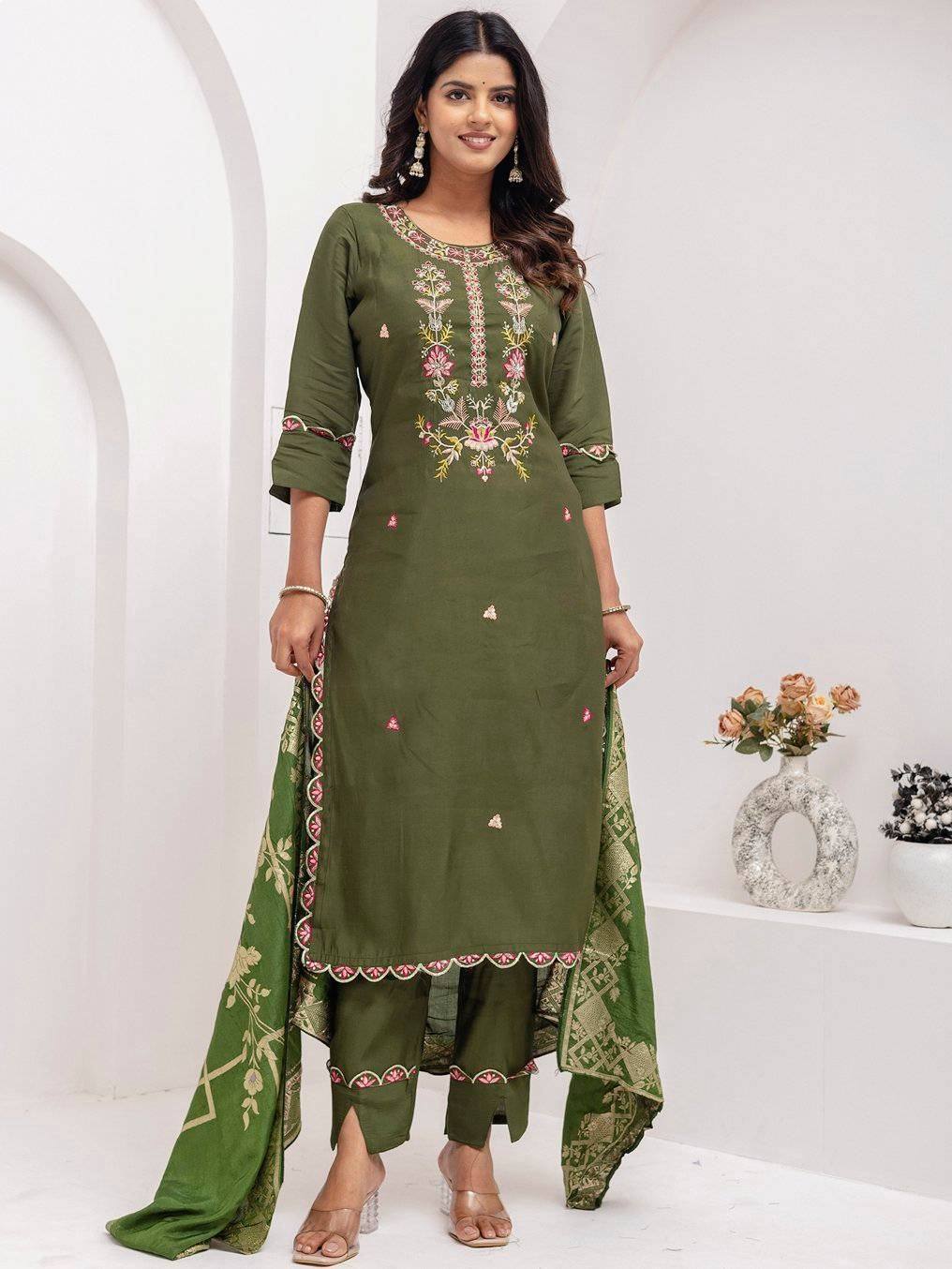 Olive green embroidered salwar kameez with floral design and matching dupatta, ethnic Indian wear
