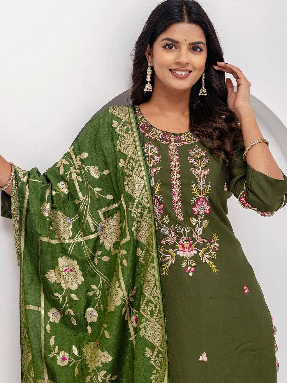 Green embroidered salwar kameez with floral dupatta, Indian ethnic wear for women