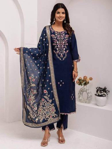 Magnetic Navy Blue Embroidered Viscose Silk Festive Wear Pant Suit