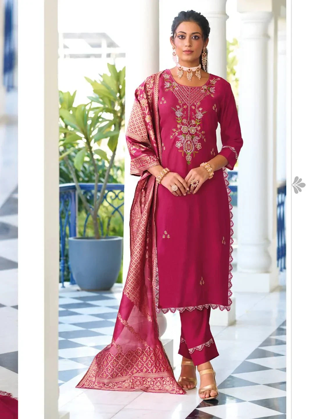 Charismatic Pink Hand Work Viscose Silk Party Wear Pant Suit