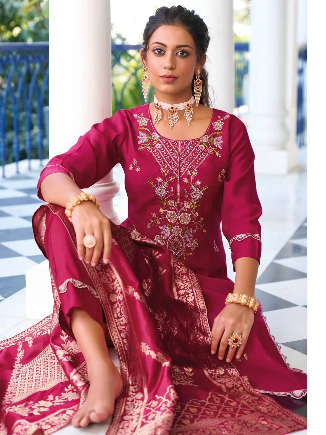 Charismatic Pink Hand Work Viscose Silk Party Wear Pant Suit