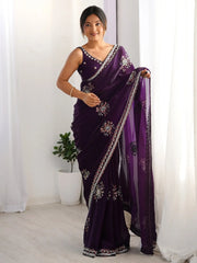 Glamorous Purple Hand Work Satin Event Wear Saree With Blouse