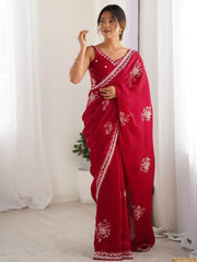 Wonderful Cherry Red Hand Work Satin Bridal Wear Saree With Blouse