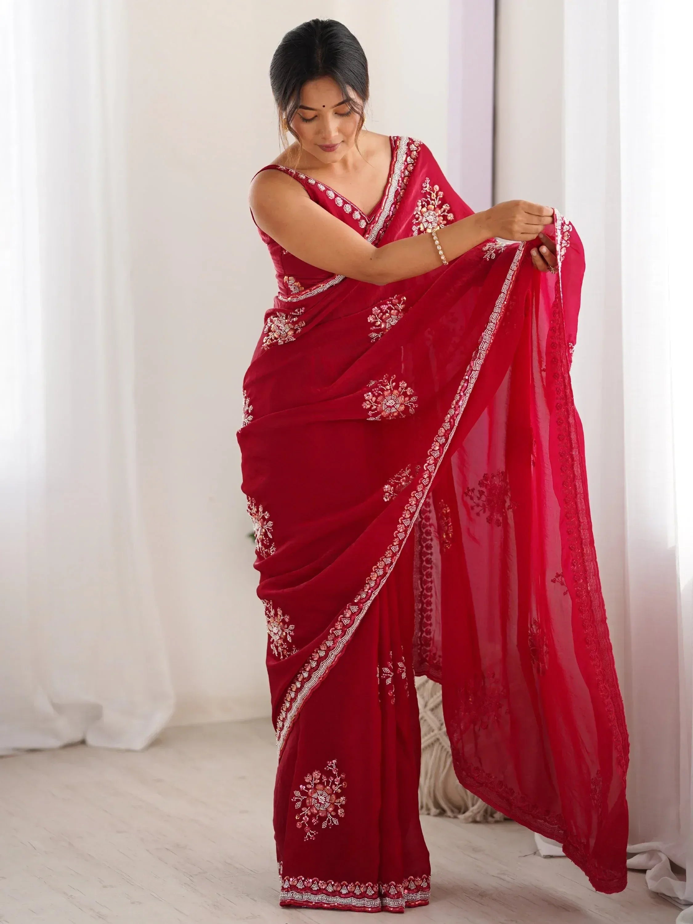 Wonderful Cherry Red Hand Work Satin Bridal Wear Saree With Blouse