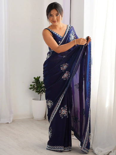 Excellent Navy Blue Bead Work Satin Reception Wear Saree With Blouse