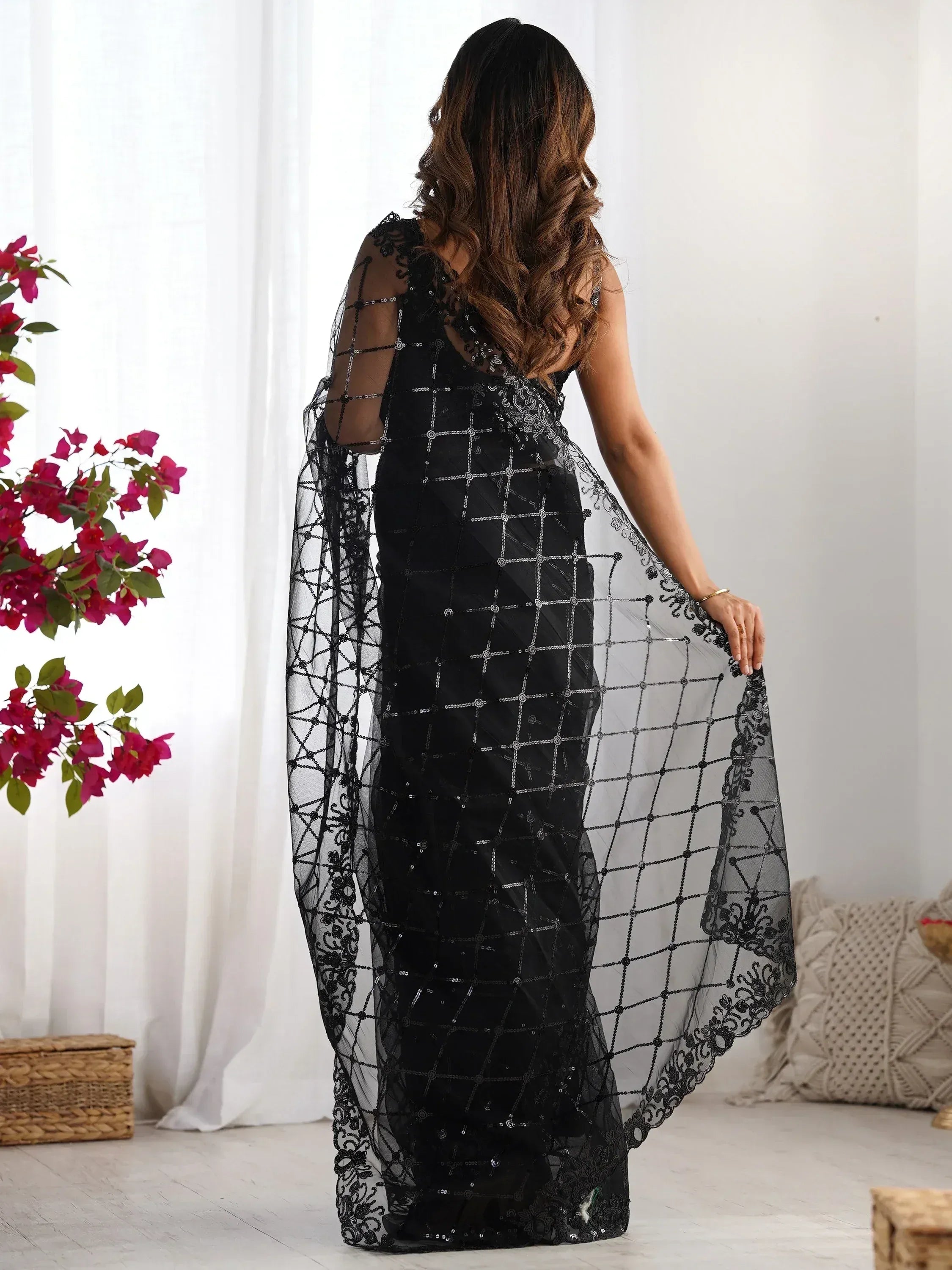 Black sequin saree with sheer net dupatta, ethnic wear for women, designer Indian saree