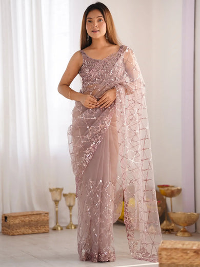 Lovely Light Mauve Sequins Embroidery Net Designer Saree With Blouse