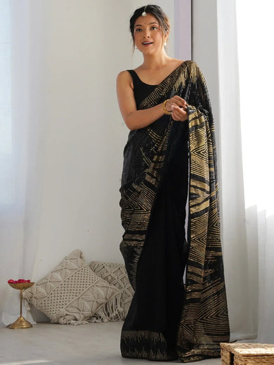 Elegant Black Sequins Work Georgette Festive Saree With Blouse