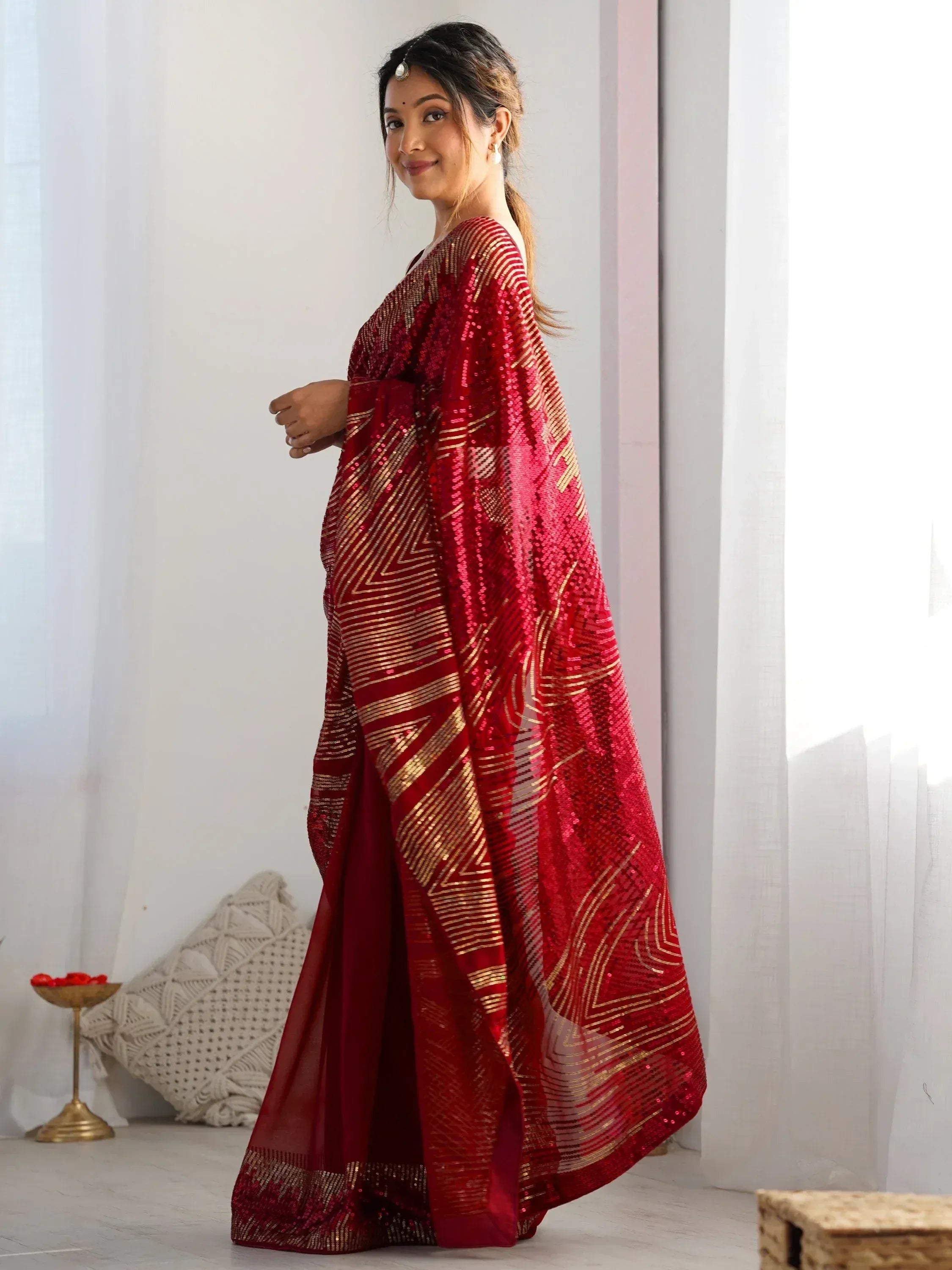 Red sequin saree with gold geometric patterns, Indian ethnic wear for festive occasions
