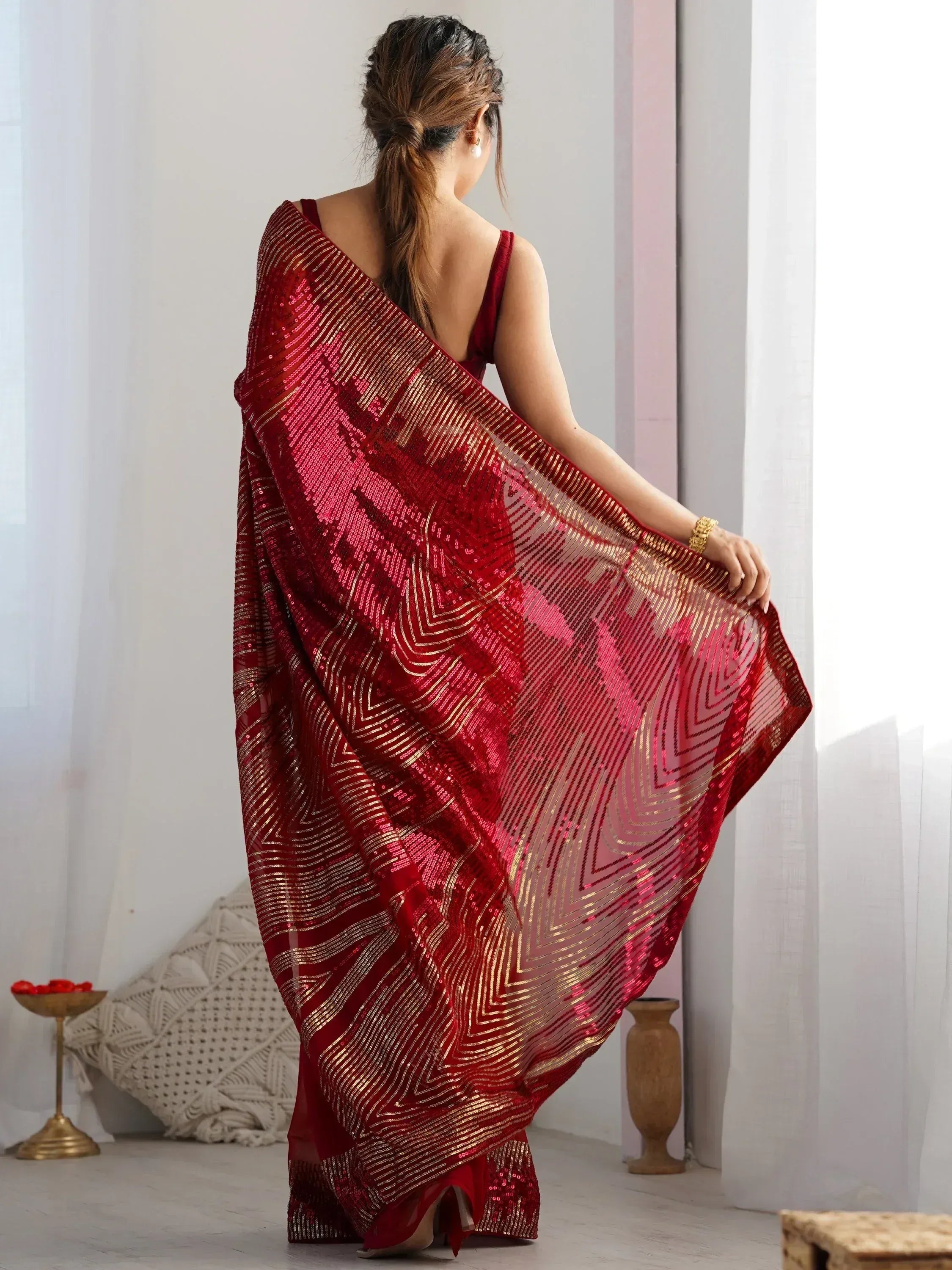 Red sequin saree with gold geometric patterns, elegant ethnic wear for women