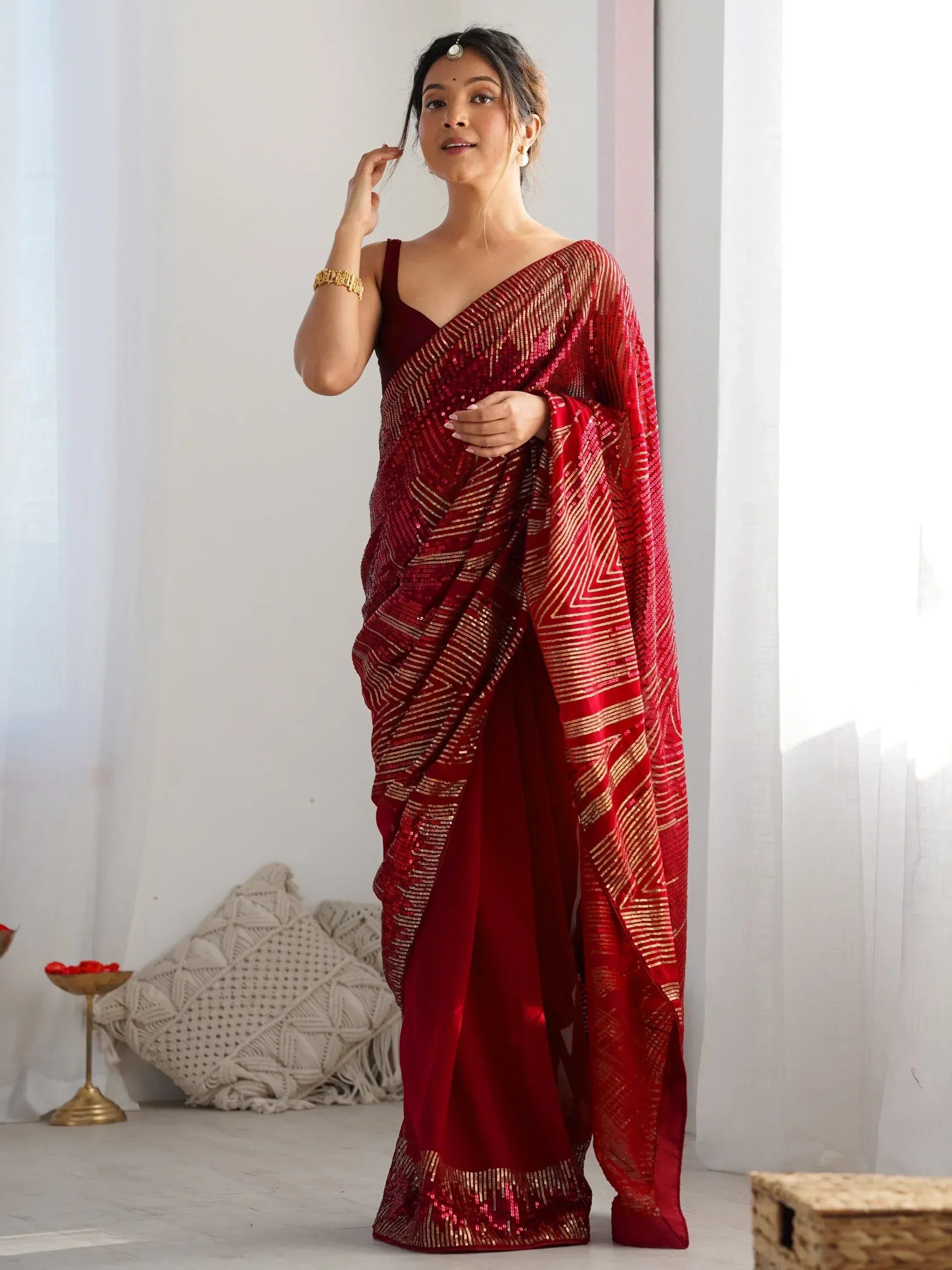 Red sequin saree with gold stripes, Indian ethnic wear for women, festive designer saree