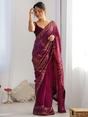 Gorgeous Wine Sequins Work Georgette Engagement Wear Saree With Blouse
