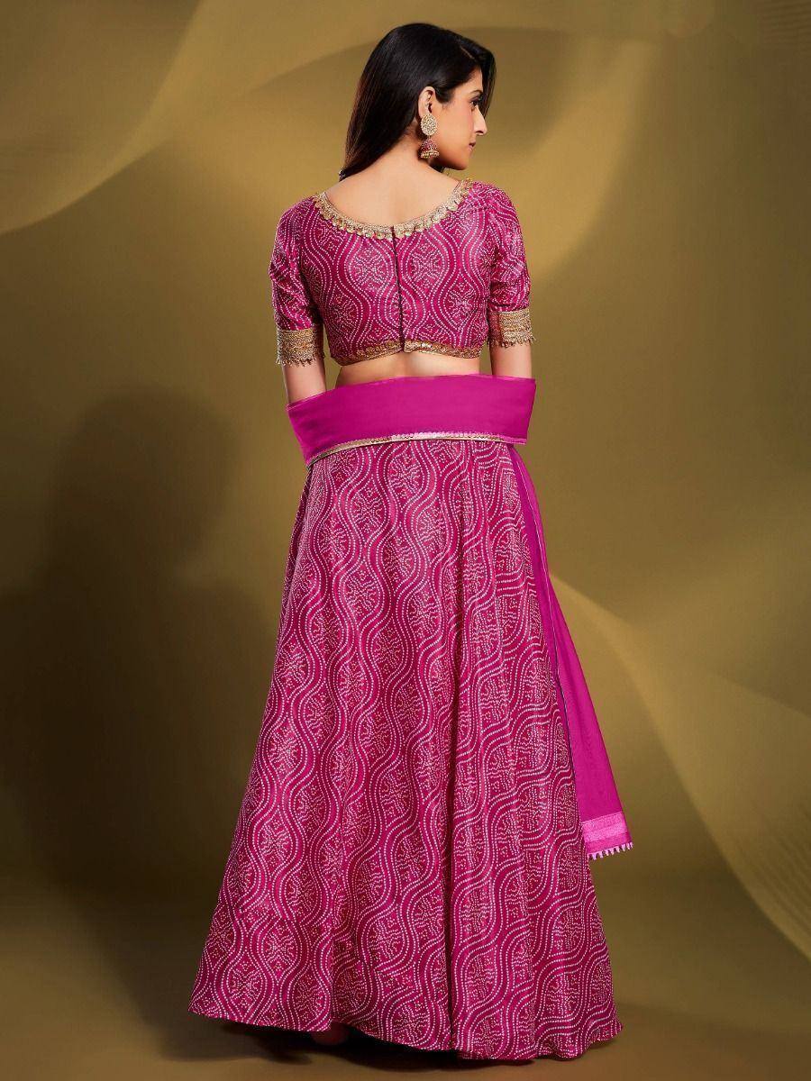 Pink printed lehenga choli with gold embroidery, ethnic wear for women