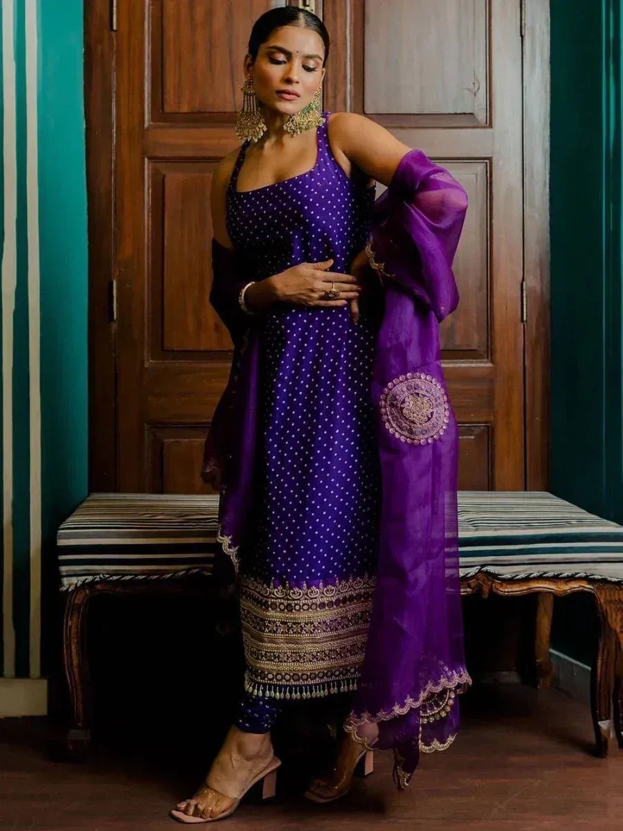 Purple polka dot ethnic gown with embroidered dupatta, perfect for Indian occasions
