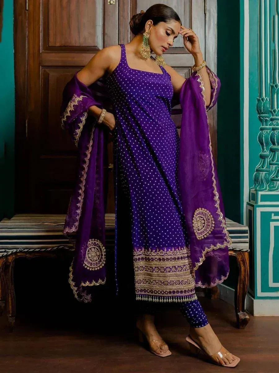 Purple polka dot salwar kameez with gold embroidery and matching dupatta, ethnic Indian wear