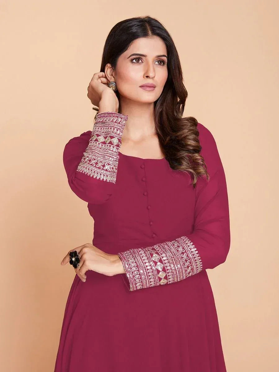 Maroon ethnic kurta with embroidered sleeves, perfect for Indian festive wear and designer occasions.