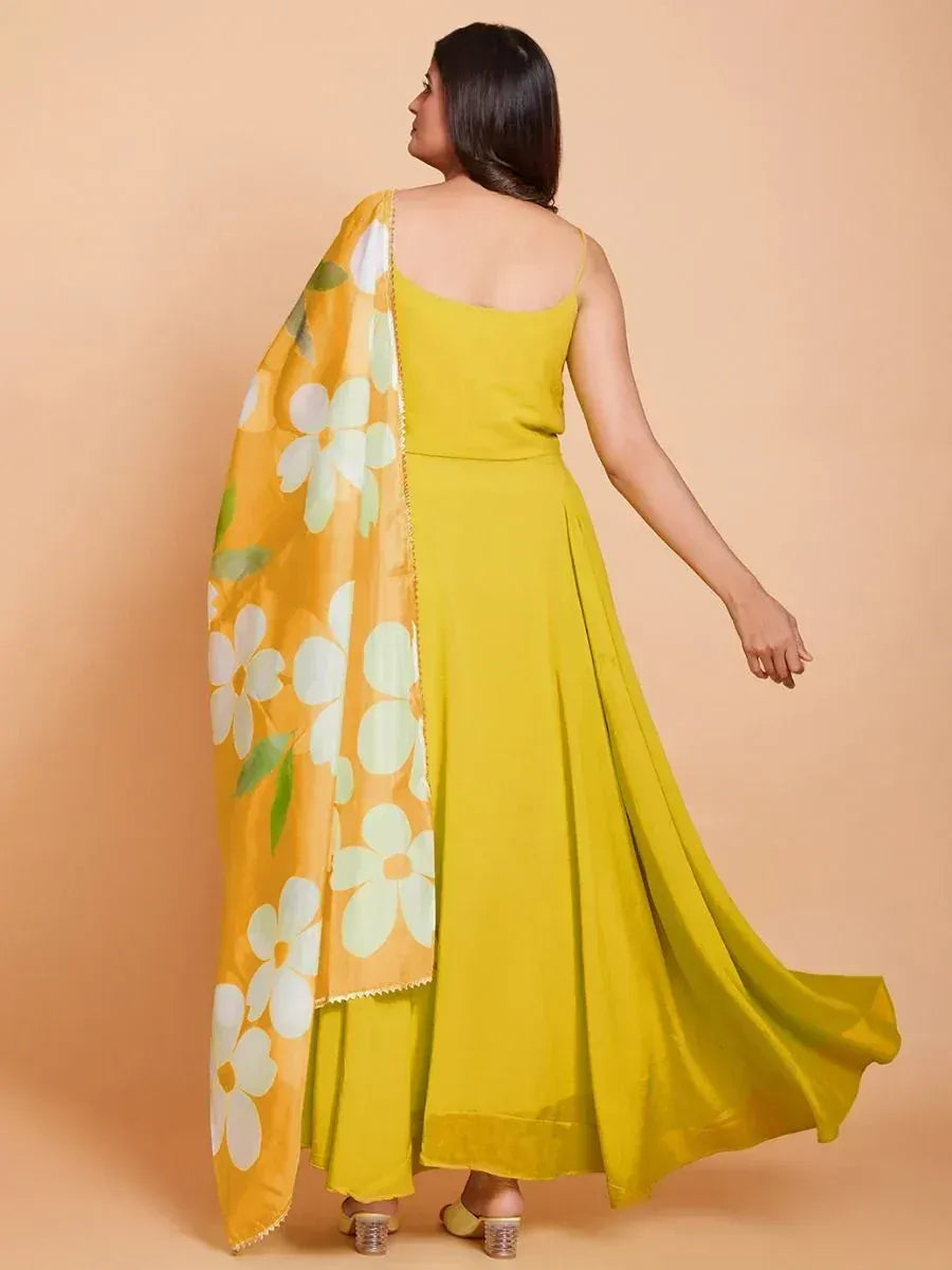 Yellow ethnic gown with floral dupatta, stylish Indian wear for women