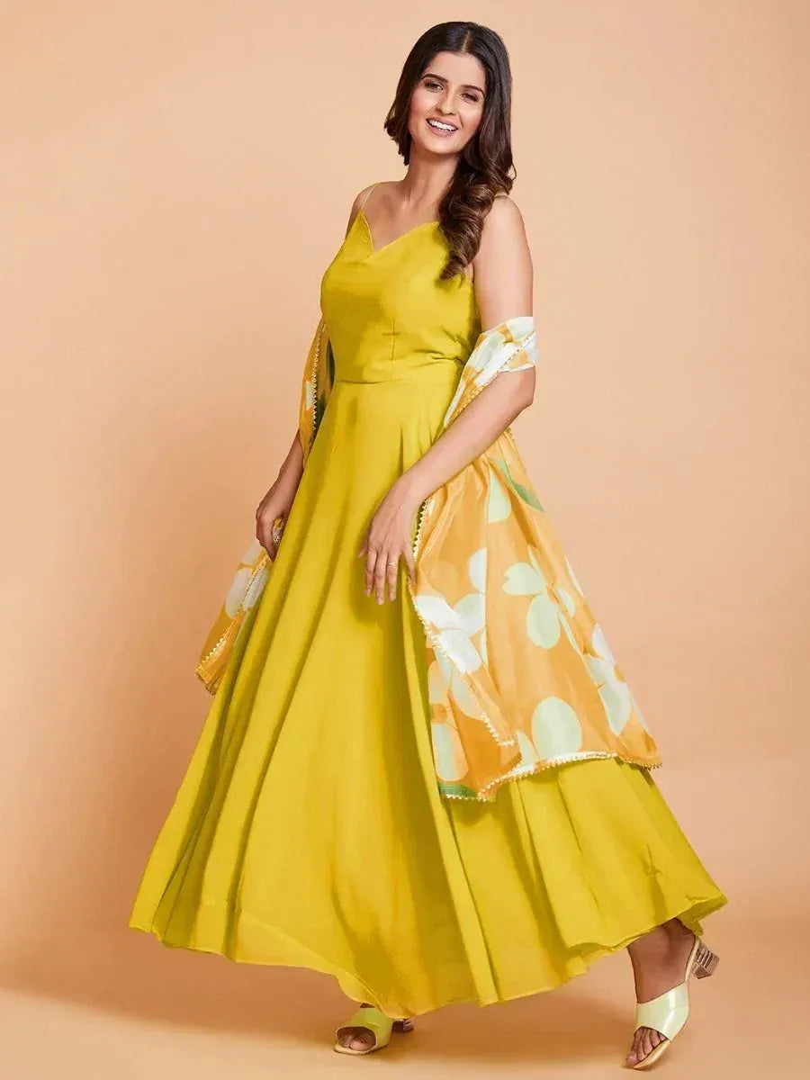 Yellow floral anarkali gown with dupatta, Indian ethnic wear for women