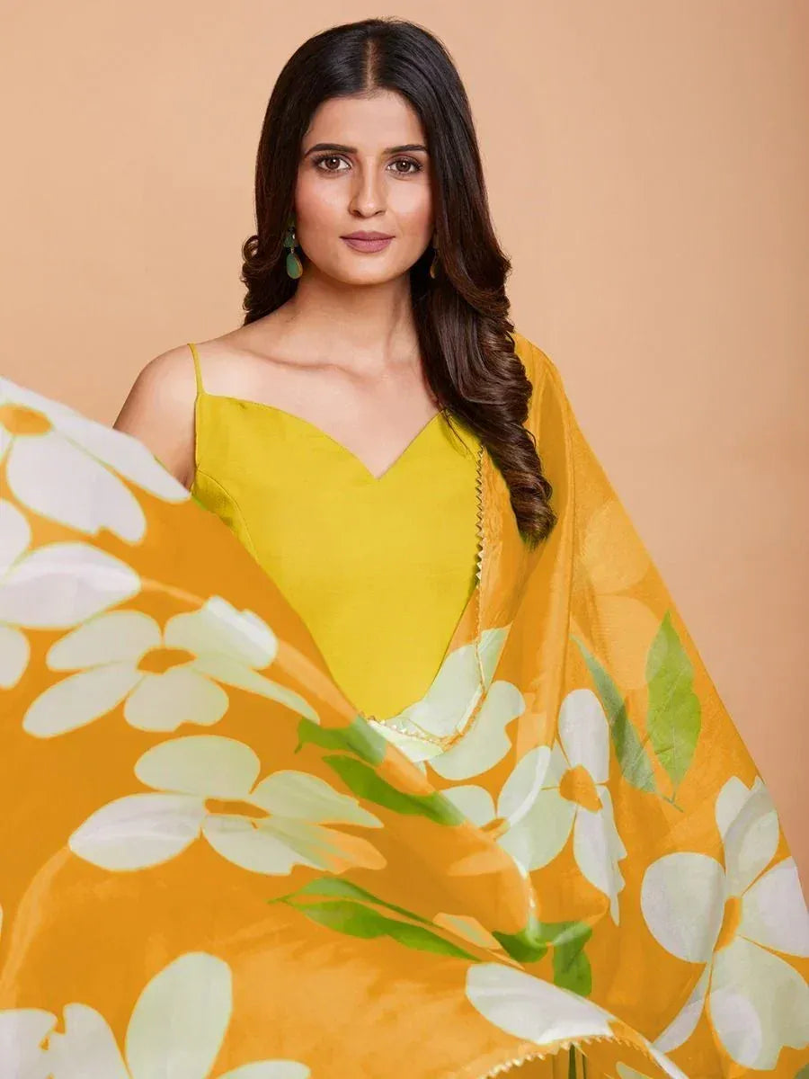 Yellow floral print saree with matching blouse, ethnic Indian wear for women
