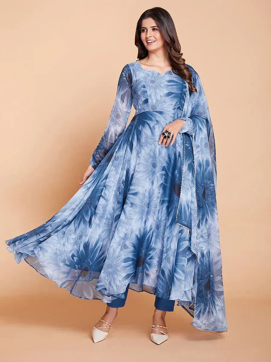 Blue floral print ethnic gown with cape, perfect for Indian occasions and festive wear