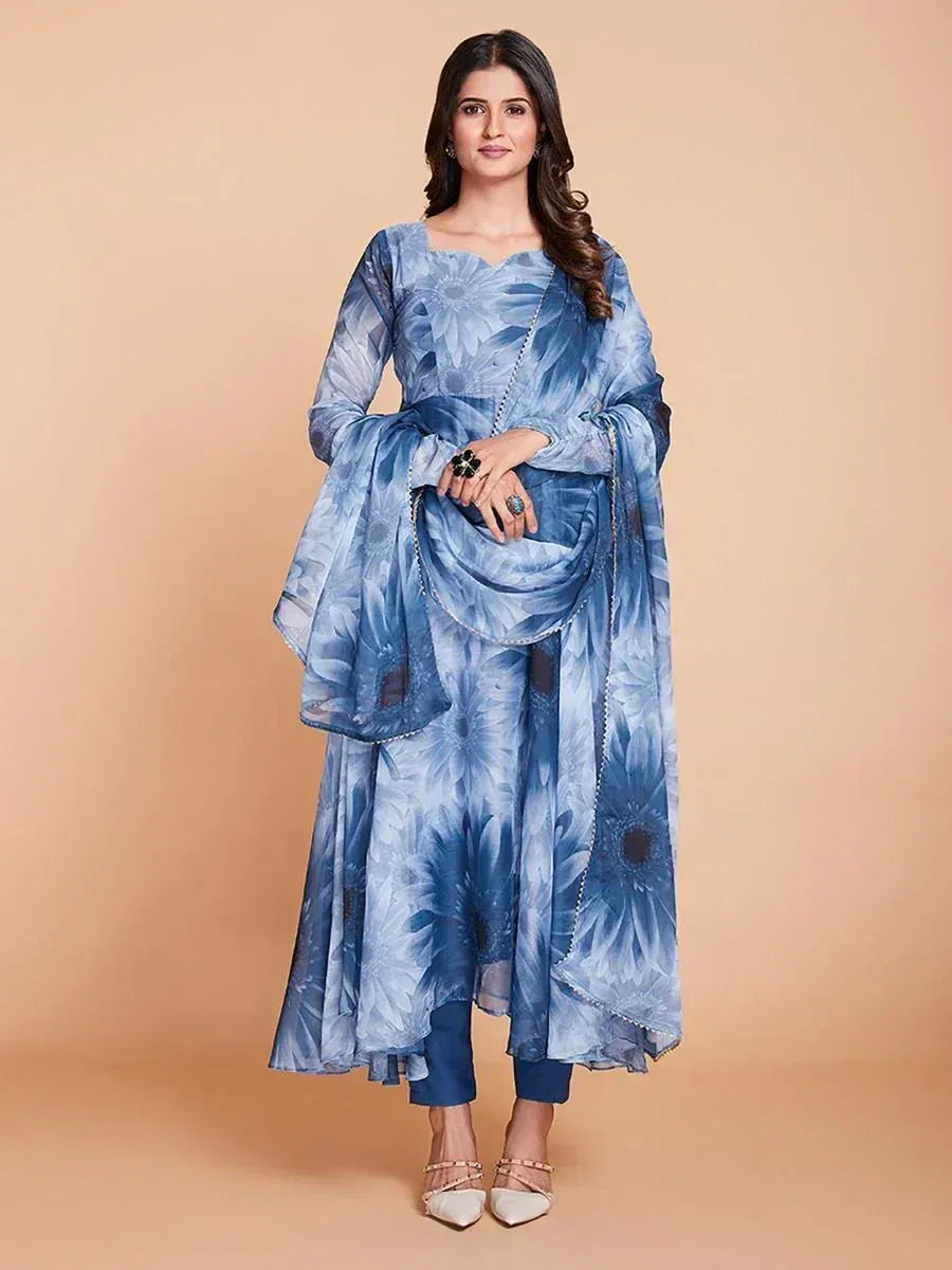 Blue floral print salwar kameez with dupatta, ethnic Indian wear for women