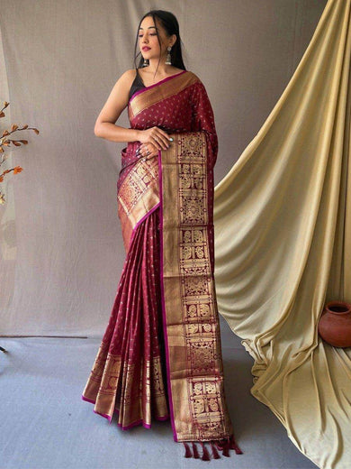 Beautiful Maroon Zari Woven Silk Reception Wear Saree With Blouse