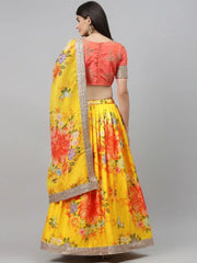 Yellow & Orange Embroidered Semi-Stitched Myntra Lehenga & Unstitched Blouse with Dupatta