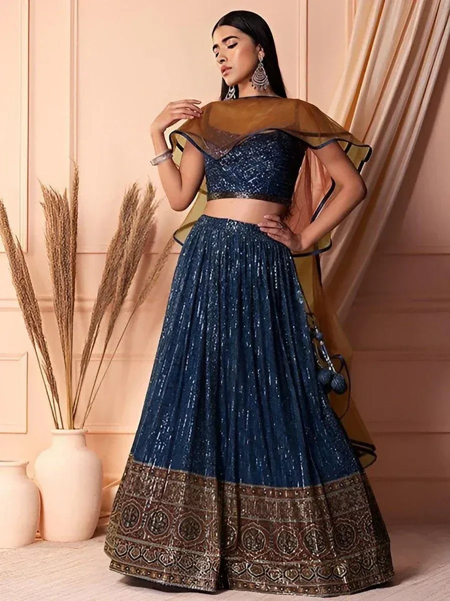 Blue sequin lehenga choli with gold border and sheer cape, Indian ethnic wear