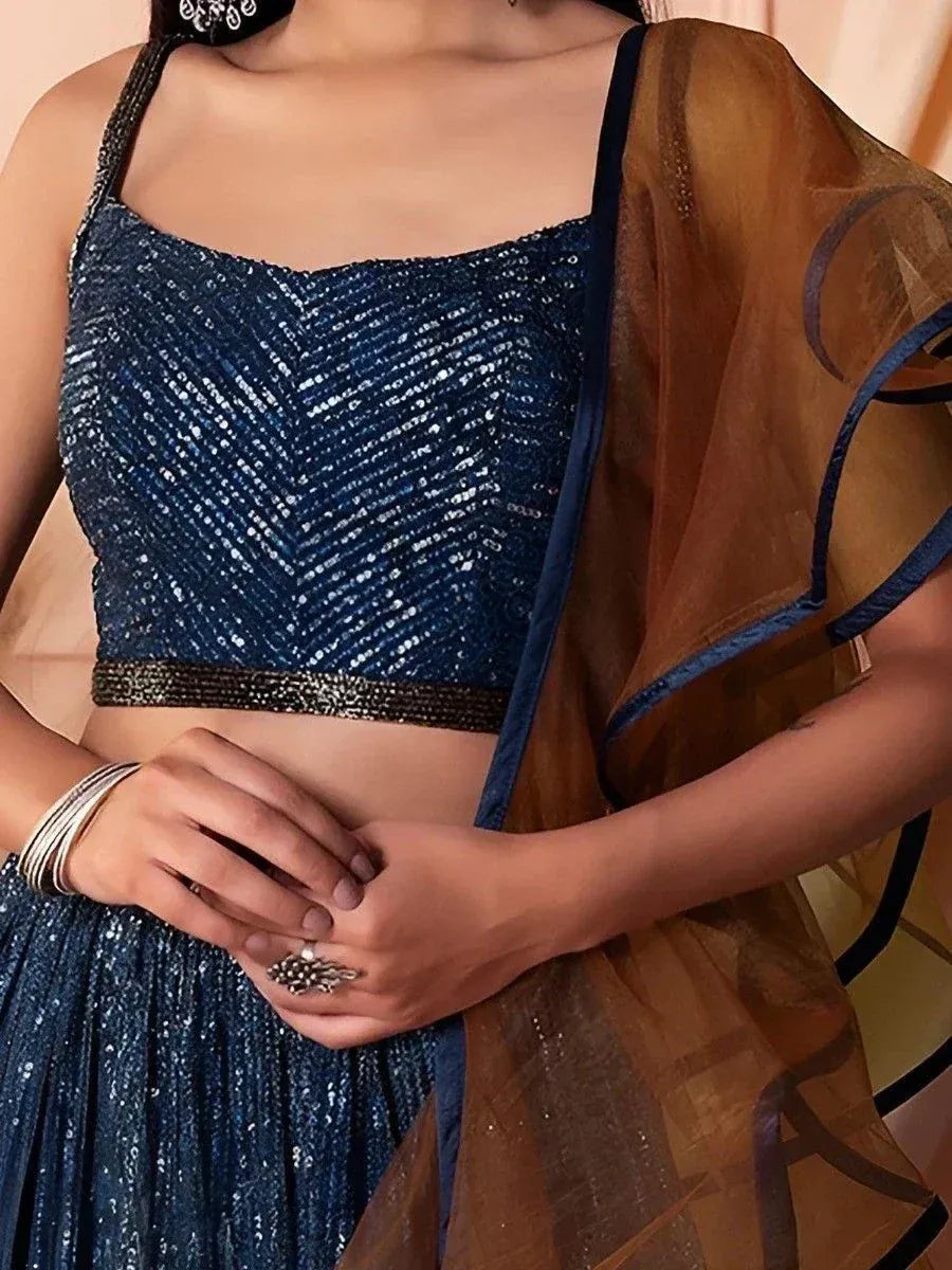 Blue sequin lehenga choli with sheer dupatta, ethnic Indian wear for festive occasions
