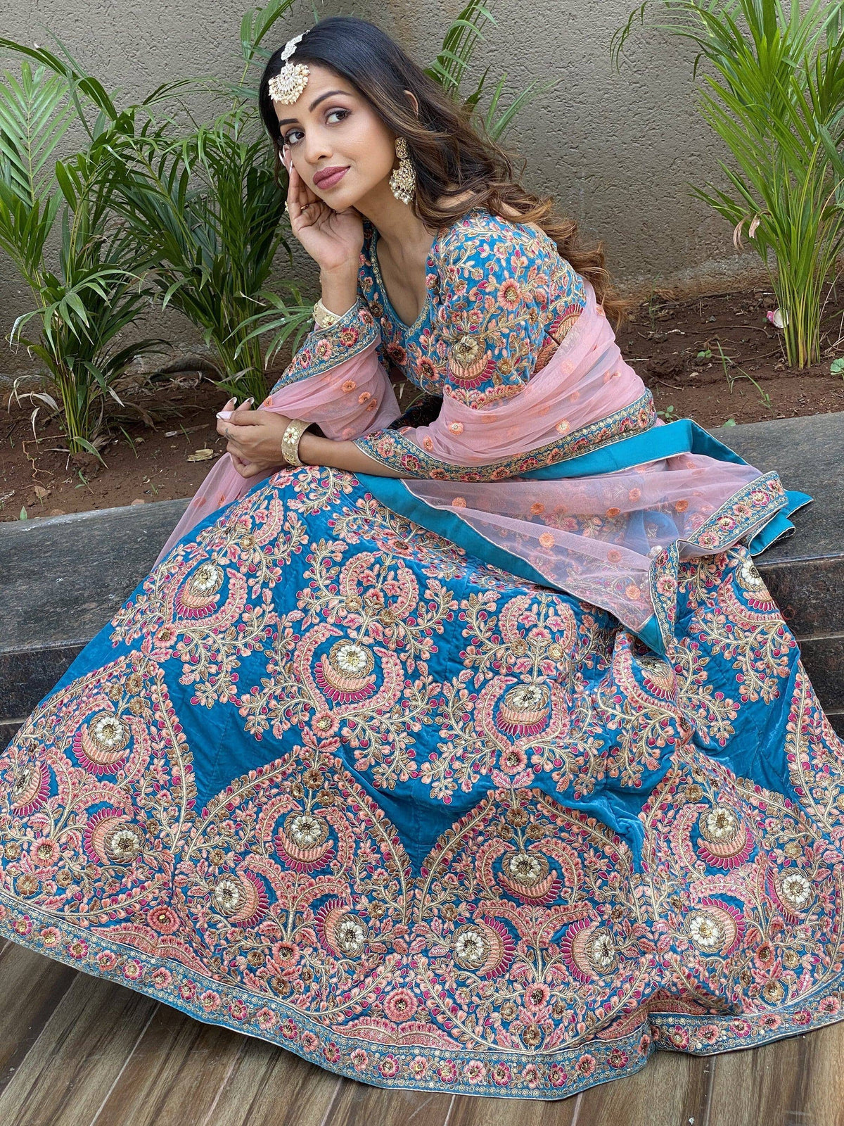 Blue floral embroidered lehenga choli with pink dupatta, Indian ethnic wear for weddings and festivals