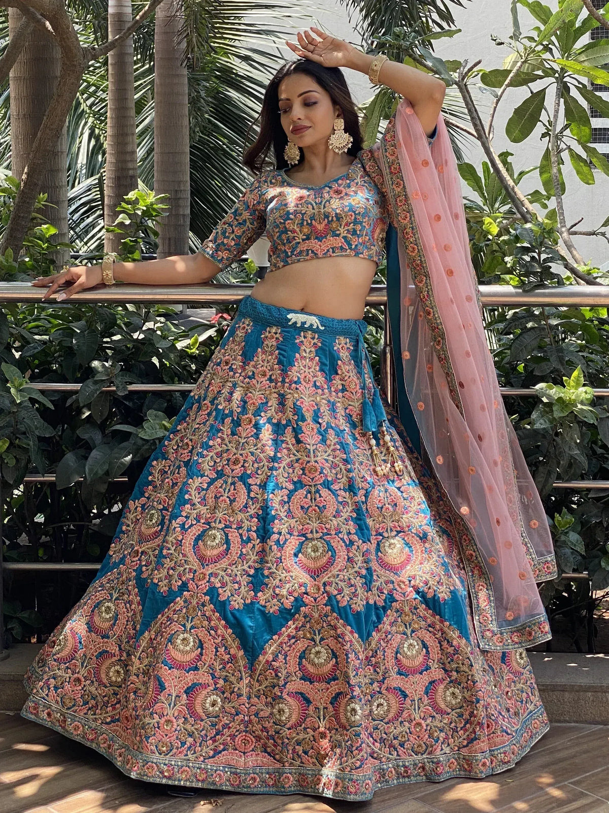 Blue floral embroidered lehenga choli with pink dupatta, Indian ethnic wear for weddings