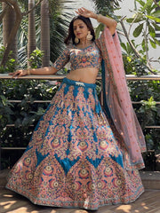 Adorable Blue Embroidered Velvet Wedding Lehenga Choli With Dupatta - Ethnic Plus In