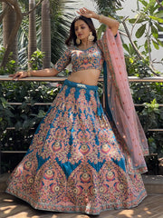Adorable Blue Embroidered Velvet Wedding Lehenga Choli With Dupatta - Ethnic Plus In