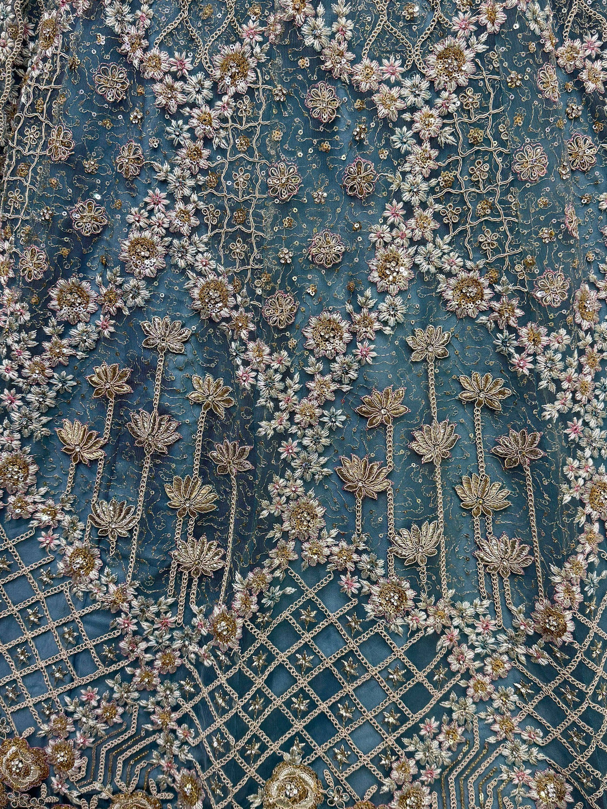 Blue ethnic wear fabric with intricate gold and pink floral embroidery and sequin detailing